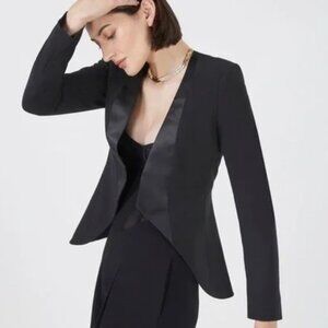 NWT BCBGMaxAzria Alonzo Structured Open Front Blazer Satin Accents Black XS